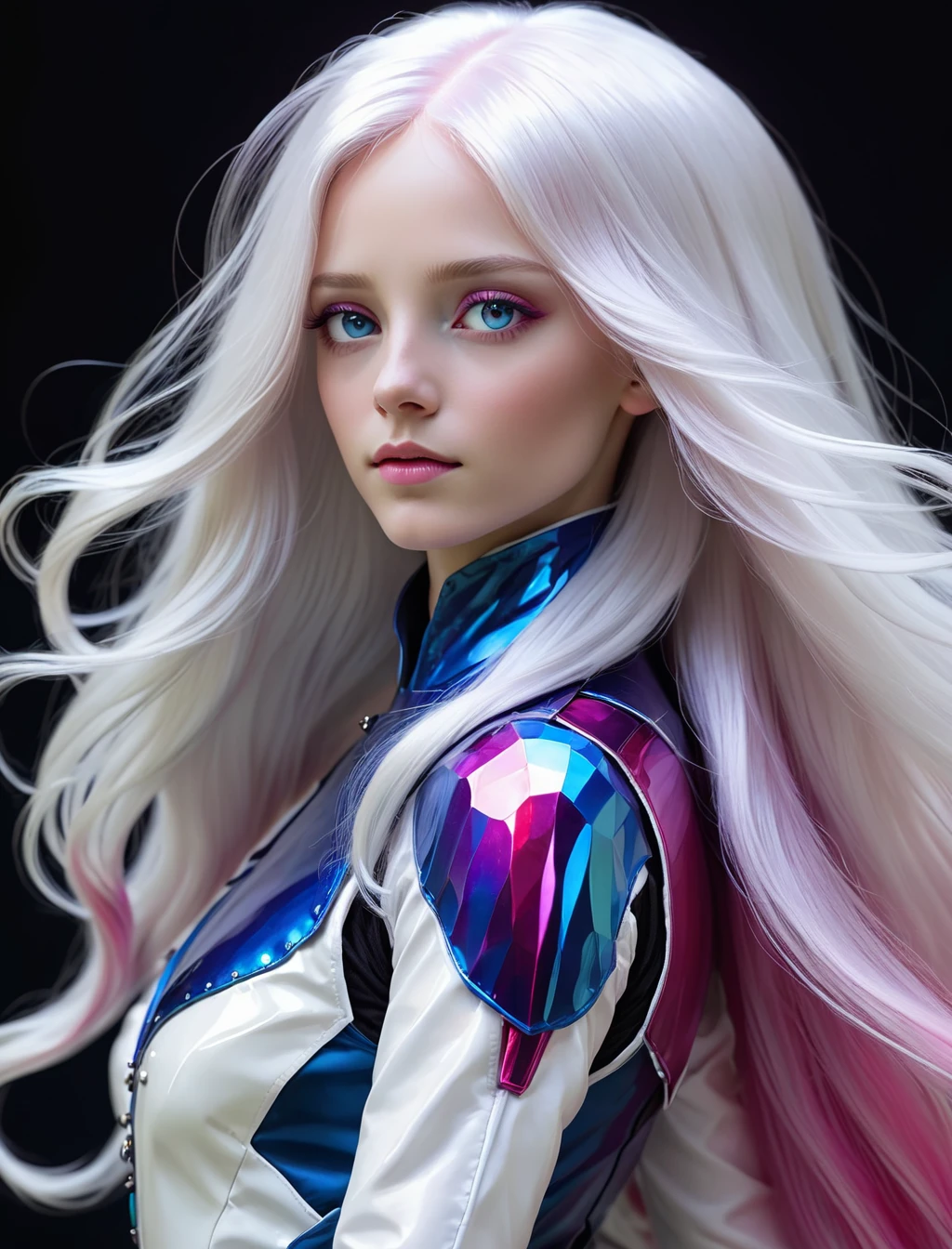 (Silhouette:1.3), solo, 1girl, long hair, white hair, iridescent, blue, magenta, pink, red, stylebuff