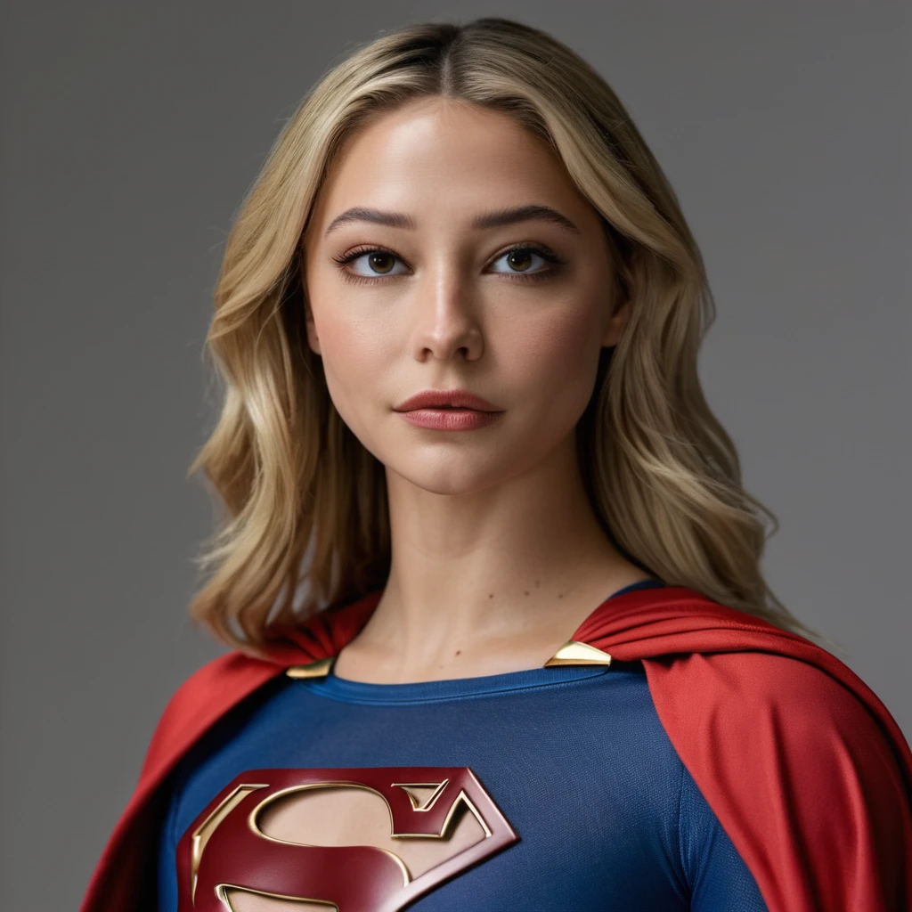 Portrait photo of an actress dressed like supergirl, Nikon Z9, realistic matte skin, skin texture visible, (sharp focus), (high quality)