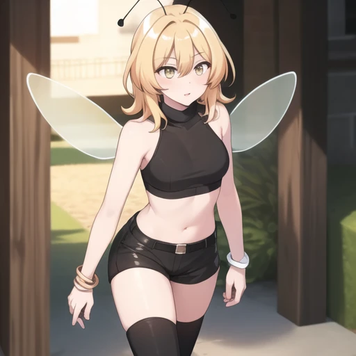 (masterpiece, best quality:1.2),illustration,8k,hd,1girl,solo,cowboy shot,standing,blonde hair,wings,antennae,insect wings,thigh boots,boots,hair between eyes,bangs,sleeveless,brown eyes,black shorts,breasts,black footwear,medium hair,bracelet,black thighhighs,arthropod girl,jewelry,high heels,crop top,yellow eyes,<lora:HoneyBee(Bubble Planet)-light:0.6>,