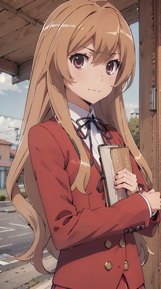 masterpiece,absurdres,best quality,high quality,1girl,aisaka taiga,long hair,school uniform,red jacket,black ribbon,looking at viewer,(flat chest:1.1) ),upper bodyreading a book,outdoors,