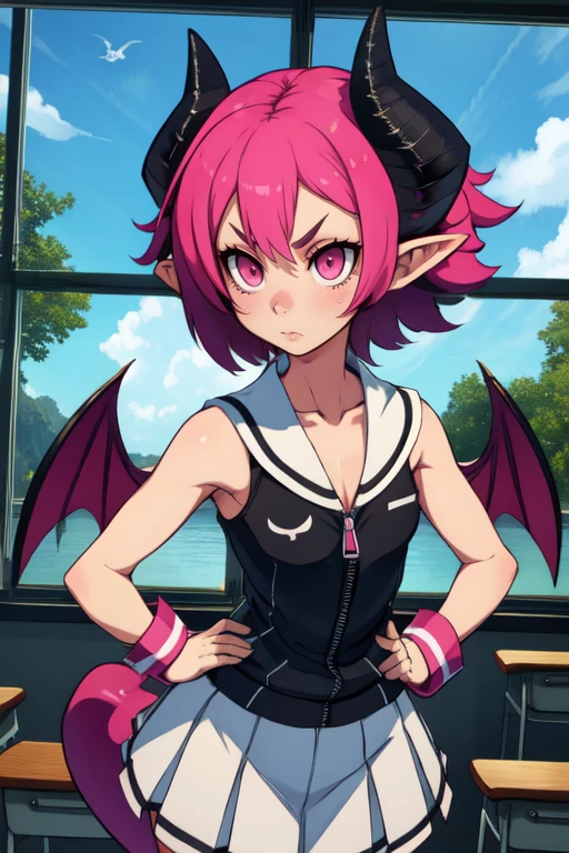 Raspberyl,pointy ears, black horns, pink eyes, solo, hands on hips, cute expression,
jacket white sailor collar, zipper, white skirt, wrist cuffs ,black thighhighs , bat wings on back, demon tail above buttocks, skull, bare shoulders, sleeveless,
upper body, classroom, windows,
(insanely detailed, beautiful detailed face, masterpiece, best quality)
<lora:Raspberyl-10V5:0.7>