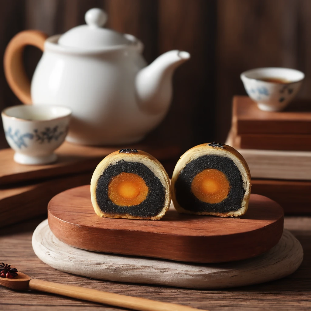 A photorealistic image of a beautifully crafted tea cake elegantly placed on an antique wooden table. The tea cake should look fresh and inviting, perhaps with intricate patterns or designs on its surface. The antique table should have intricate carvings or details that signify its age and value, perhaps made of rich, dark wood. The setting should be cozy and inviting, possibly with vintage or antique elements in the background like old books, a vintage lamp, or fine china. The lighting should be soft and warm, casting gentle shadows that highlight the texture of the tea cake and the intricate details of the antique table. The overall atmosphere should evoke a sense of nostalgia and luxury., <lora:eggcake:0.75>