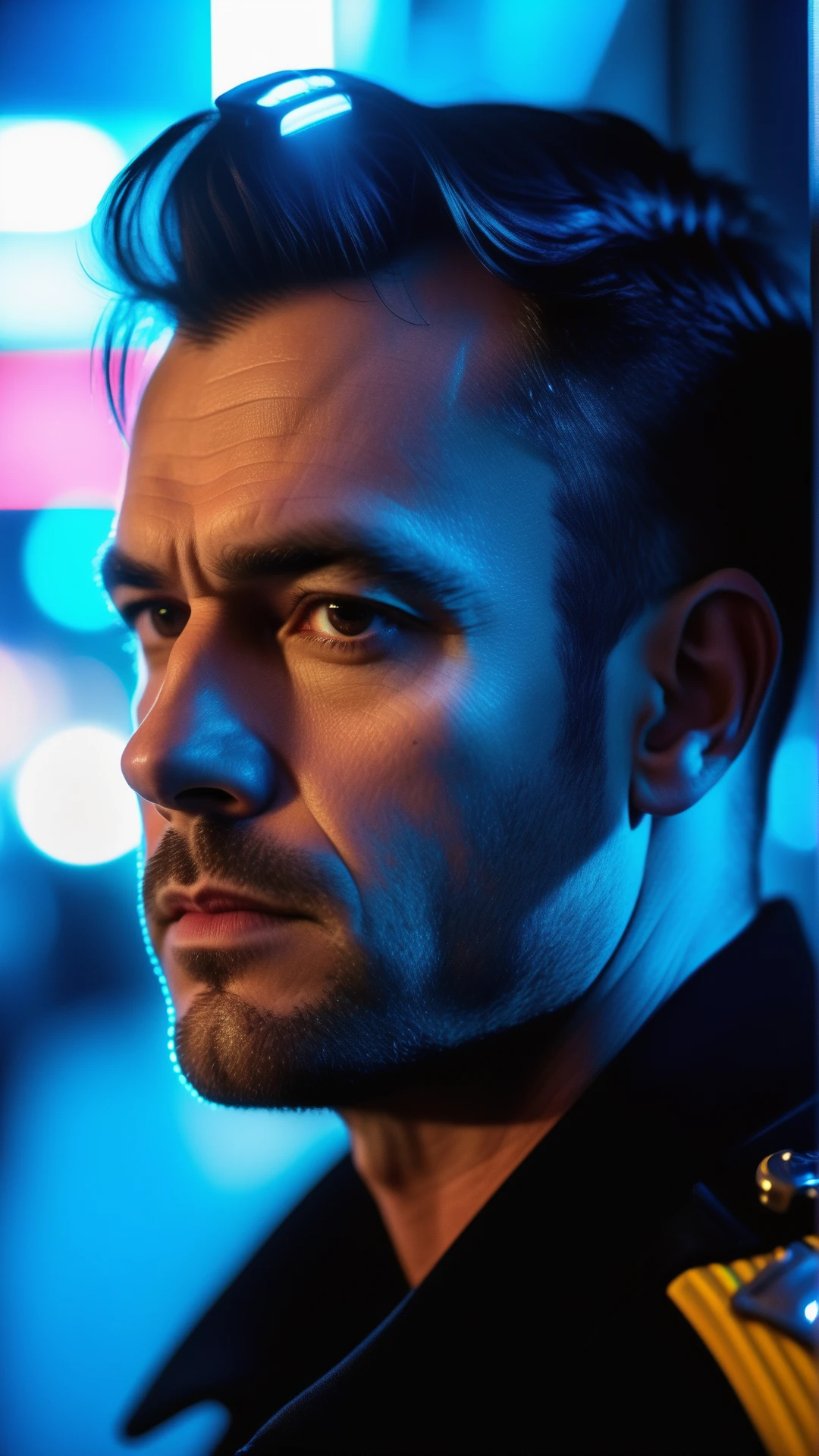city street, neon, fog, volumetric, closeup photo of 40 y.o man in dark clothes, serious face, (police uniform), cinematic shot, ultra realistic, Geordie Dandy face