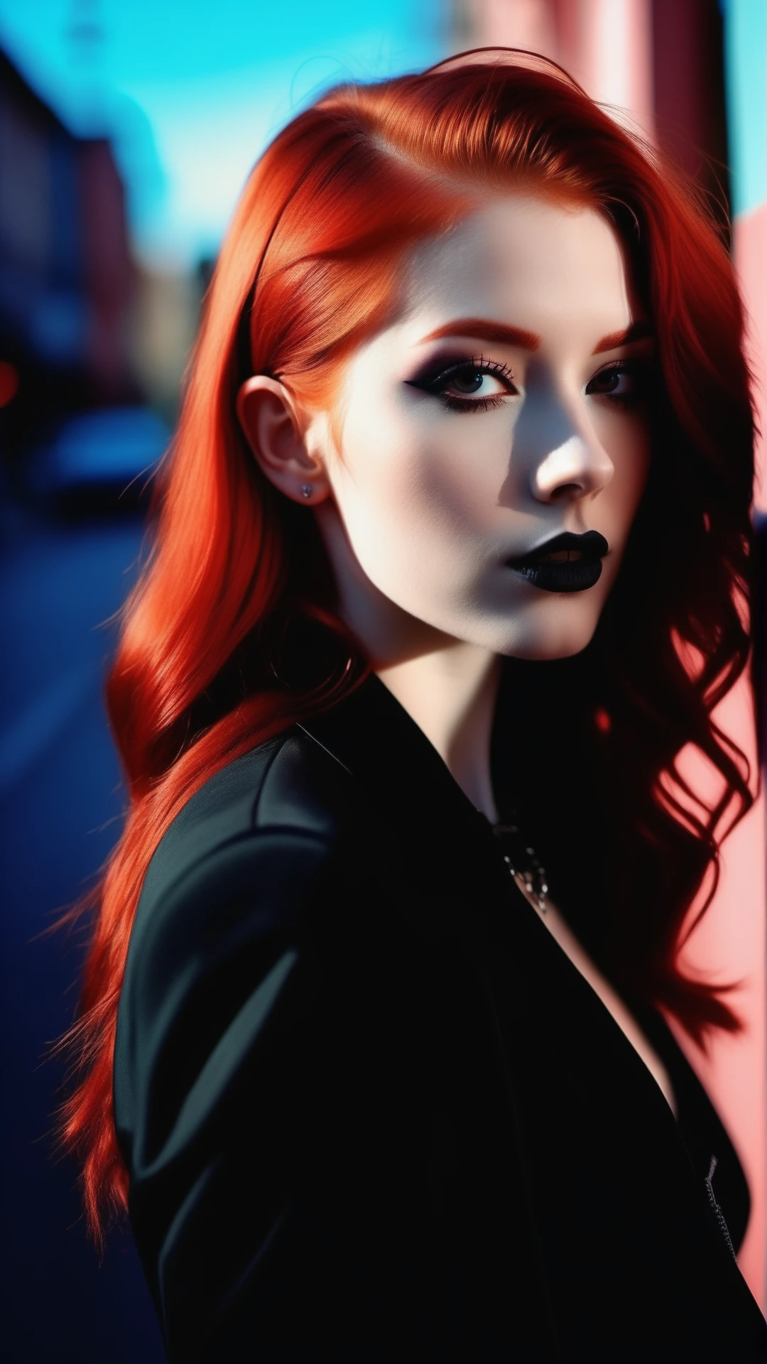 dark shot, city street, pastel goth, sexy goth girl, photo of cute 24 y.o redhead woman, cinematic shot, hard shadows, photorealistic, cute face, looking at viewer