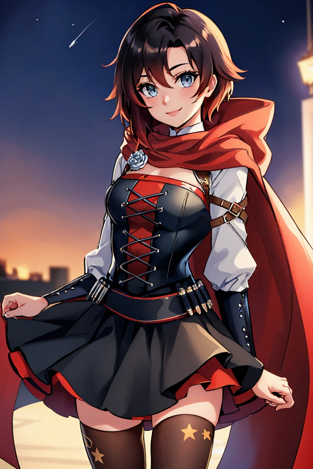 (masterpiece, best quality:1.2), cowboy shot, solo, 1girl, mistralrose, smile, looking at viewer, dress, corset, red cape, thighhighs, night, star \(sky\), city street <lora:rwby_rose_mistral:1>