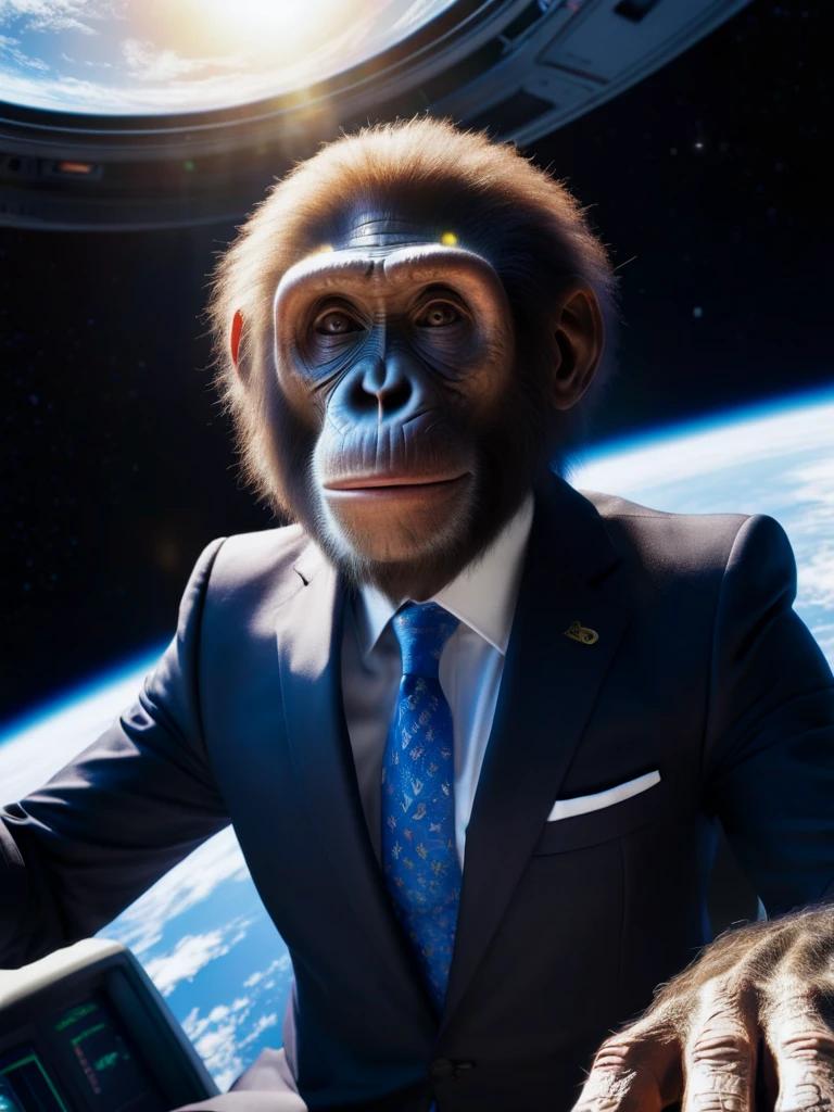 UHD HDR 32k pov selfie of australopithecus politician wearing suit in the spaceship, beautiful sun and earth, optic angle