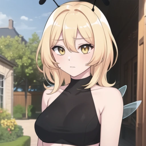 (masterpiece, best quality:1.2),illustration,8k,hd,1girl,solo,upper body,(portrait:1.2),standing,blonde hair,wings,antennae,insect wings,thigh boots,boots,hair between eyes,bangs,sleeveless,brown eyes,black shorts,breasts,black footwear,medium hair,bracelet,black thighhighs,arthropod girl,jewelry,high heels,crop top,yellow eyes,<lora:HoneyBee(Bubble Planet):0.6>,
