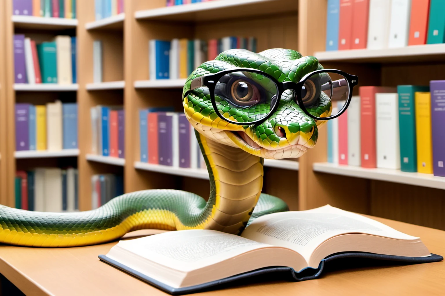 snake with huge glasses at the library reading a book