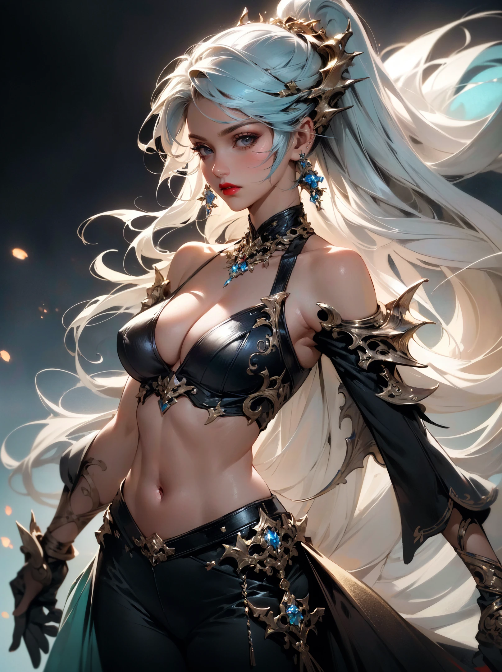 deep blue background,
1girl, solo,black eyes,(perfect breasts,smooth midriff,Long legs),dynamic angle,dynamic view,
thin lips,Bright red lipstick,Mechanical arm,
off-shoulder,see-through,open_clothes,cleavage,jewelry, earrings,necklace,
(transparent:1.2),a beautiful futuristic woman,in the style of dark white and light aquamarine,translucent skin,undefined anatomy,eccentric detail placements,alien worlds,intricately sculpted,techpunk,spine,exo-skeleton,colored skin,breasts,depth of field,ultra hd,matte photo,bold yet graceful,intricate embellishments,
(masterpiece, best quality,photorealistic,realistic,photo-realistic:1.4),8k UHD,ultra high res,incredibly absurdres,insanely detailed,ultra detailed,Delicate,
<lora:OrokinTech:0.1> orokintech, smooth, gold, scifi, <lora:cumbersome-block:0.25> <lora:Niji:0.4>, (masterpiece, best quality:1.4),(photorealistic:1.4)(realistic, photo-realistic:1.4),official art, beautiful and aesthetic,8k UHD,ultra high res,RAW,HDR,