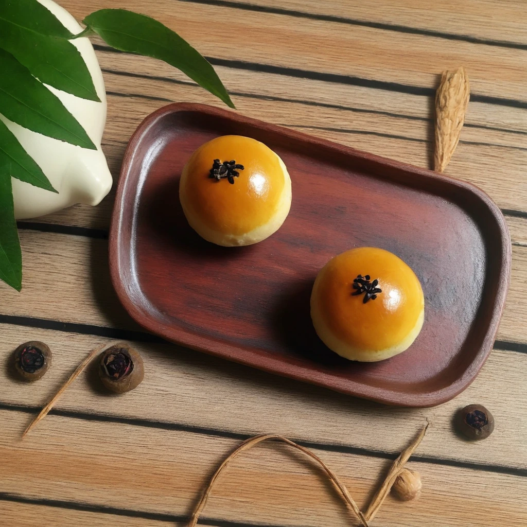 A photorealistic image of a beautifully crafted tea cake elegantly placed on an antique wooden table. The tea cake should look fresh and inviting, perhaps with intricate patterns or designs on its surface. The antique table should have intricate carvings or details that signify its age and value, perhaps made of rich, dark wood. The setting should be cozy and inviting, possibly with vintage or antique elements in the background like old books, a vintage lamp, or fine china. The lighting should be soft and warm, casting gentle shadows that highlight the texture of the tea cake and the intricate details of the antique table. The overall atmosphere should evoke a sense of nostalgia and luxury., <lora:eggcake:0.75>