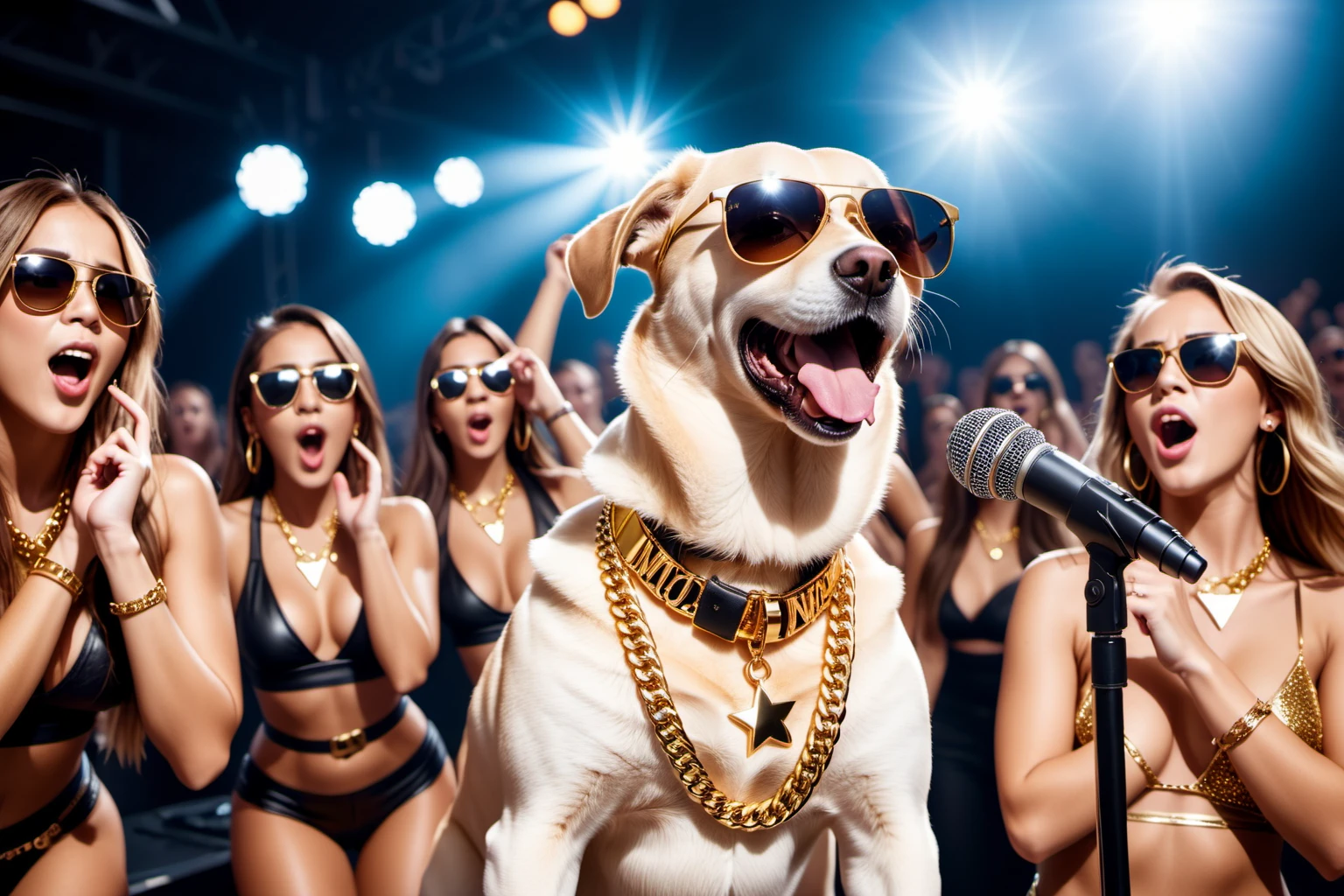 cool dog rapper wearing a golden necklace and sunglasses performing  on stage in front of a microphone, the girls in audience go crazy and scream and cry, 35mm photograph, film, bokeh, professional, 4k, highly detailed, fantasy star style