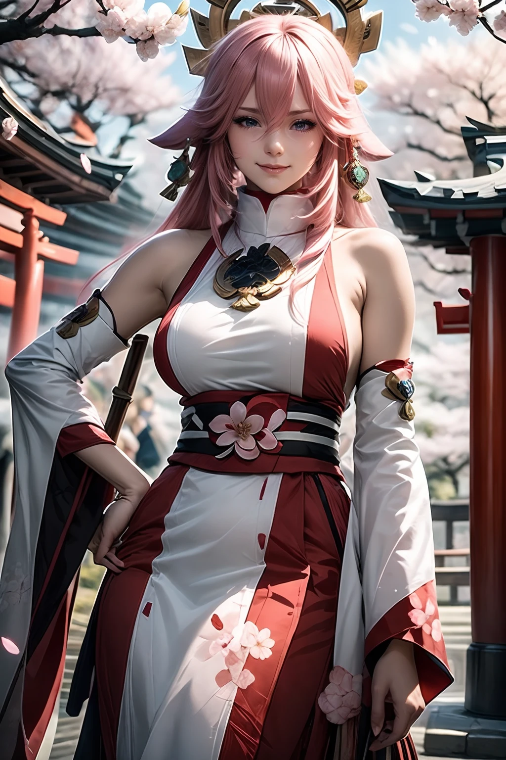 <lora:shenzi_20:0.9>,pink hair,masterpiece,extremely detailed,CG,2k wallpaper,Amazing,finely detail,extremely detailed CG unity 8k wallpaper,huge filesize,ultra-detailed,shenzi,1 girl,cosplay,Yaeko Nogi (Tokyo 7th Sisters),bright smile,confident eyes,(long flowing hair:1.1),traditional shrine maiden outfit,red and white colors,tied-up hair,red ribbon,cherry blossom petals,torii gate background,holding a sacred staff,elegant posture,focused expression,outdoor shrine setting.,