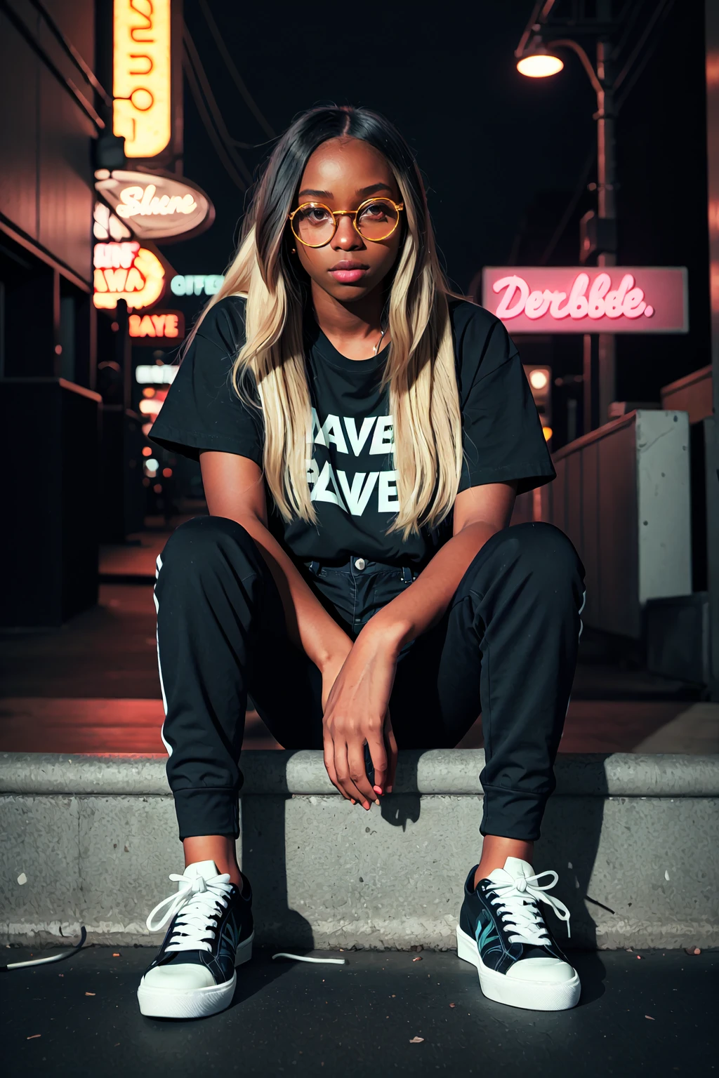 Wave Art Style,  1girl,  black pants,  blonde hair,  crossed legs,  dark skin,  dark-skinned female,  glasses,  lips,  long hair,  looking at viewer,  neon lights,  pants,  round eyewear,  shirt,  shoes,  sitting,  sneakers,  solo, <lora:EMS-49798-EMS:0.600000>