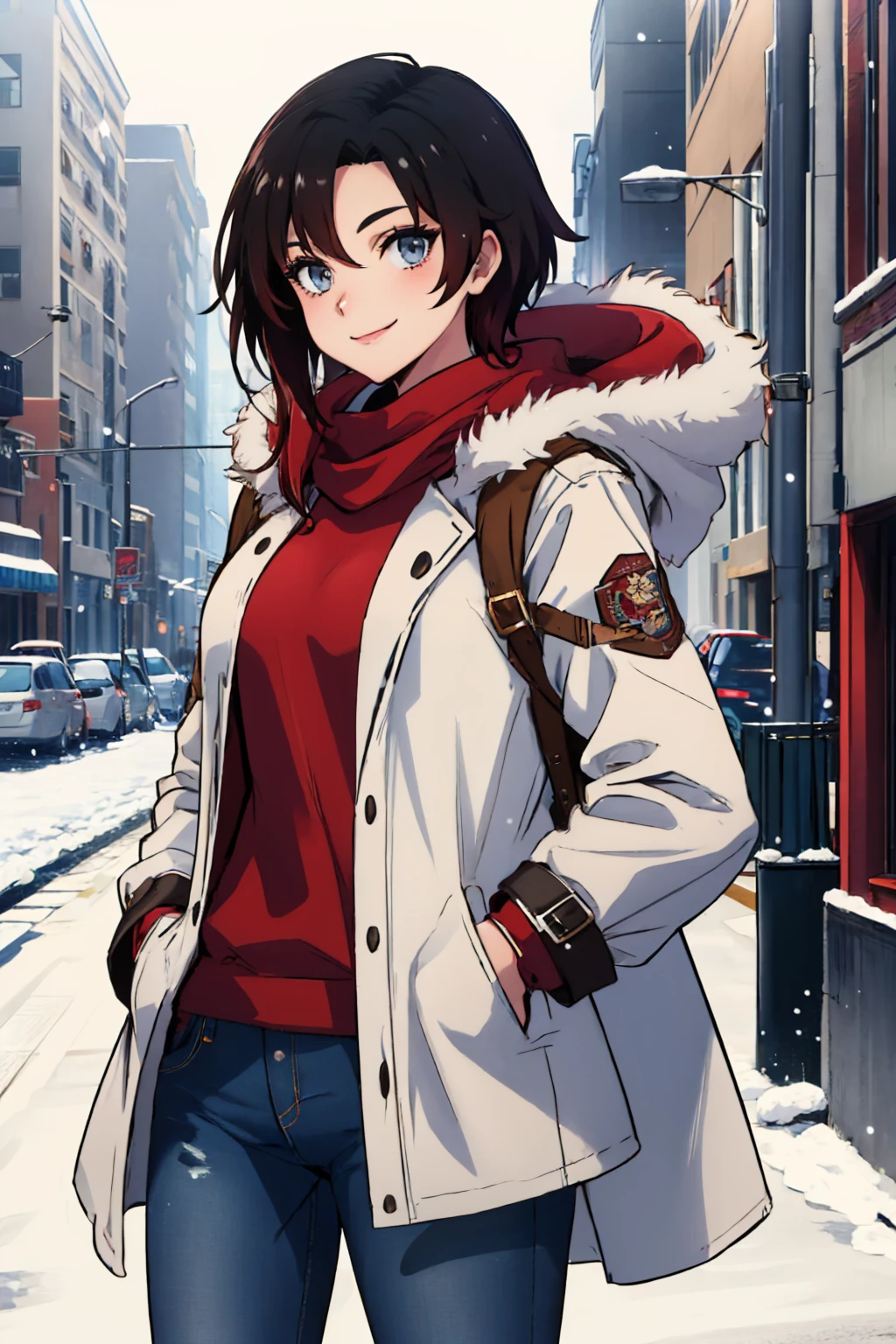 (masterpiece, best quality:1.2), solo, 1girl, mistralrose, smile, looking at viewer, hand in pocket, fur-trimmed coat, jeans, snowing, city street <lora:rwby_rose_mistral:1>