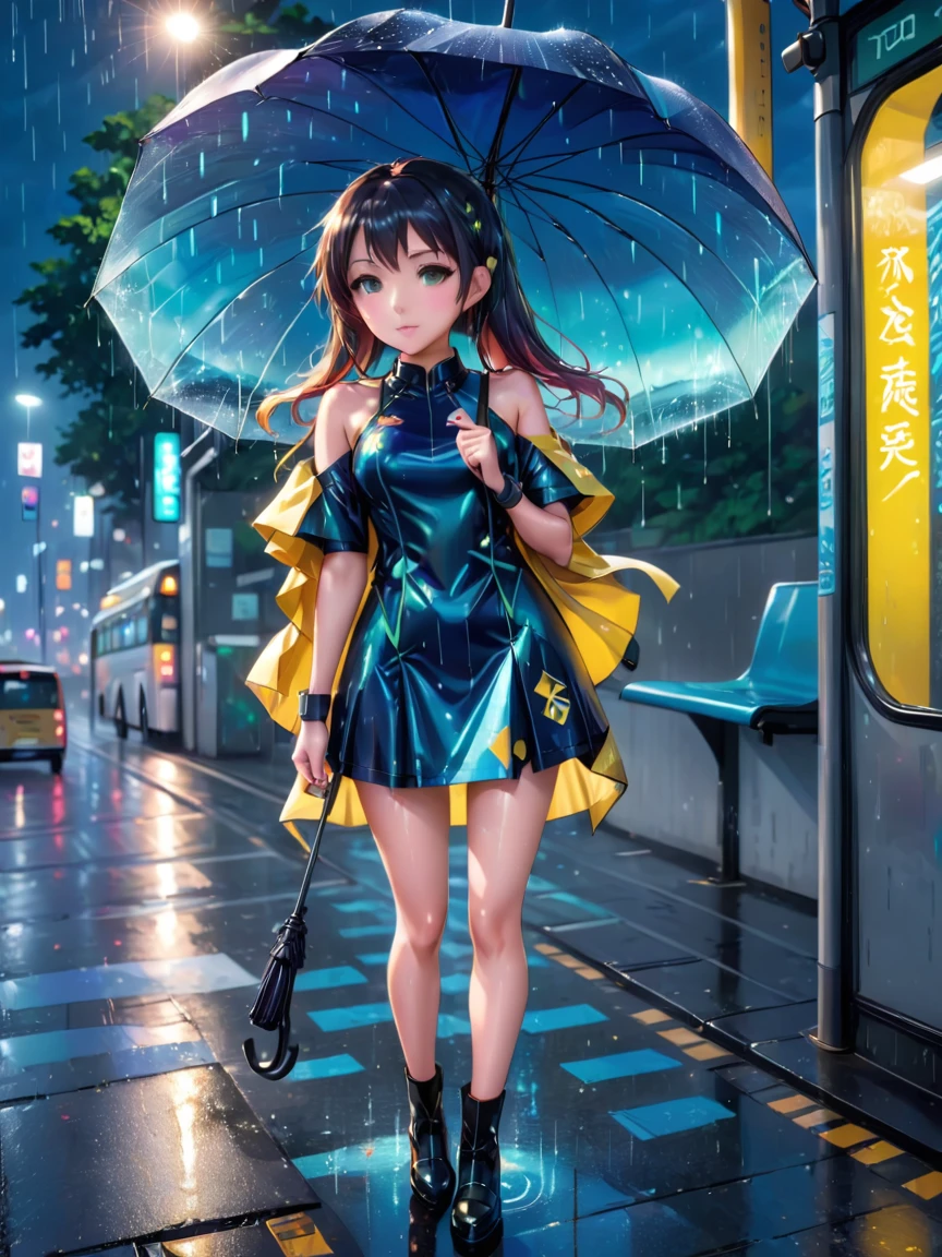 anime artwork girl standing in futuristic clothing on a bus stop holding umbrella in one hand, holding arm up, at night, holding an umbrella because it is raining, creating wet pavements full of reflective detailed puddles, graffiti, the water is dripping droplets like diamonds and precious stones in a mosaic pattern <lora:FF.87.RealitiesEdgeXLANIME_20.lora:1> <lora:FF.66.hassakuSfwNsfwAlphav_alphaV02.lora:0.69> . anime style, key visual, vibrant, studio anime,  highly detailed