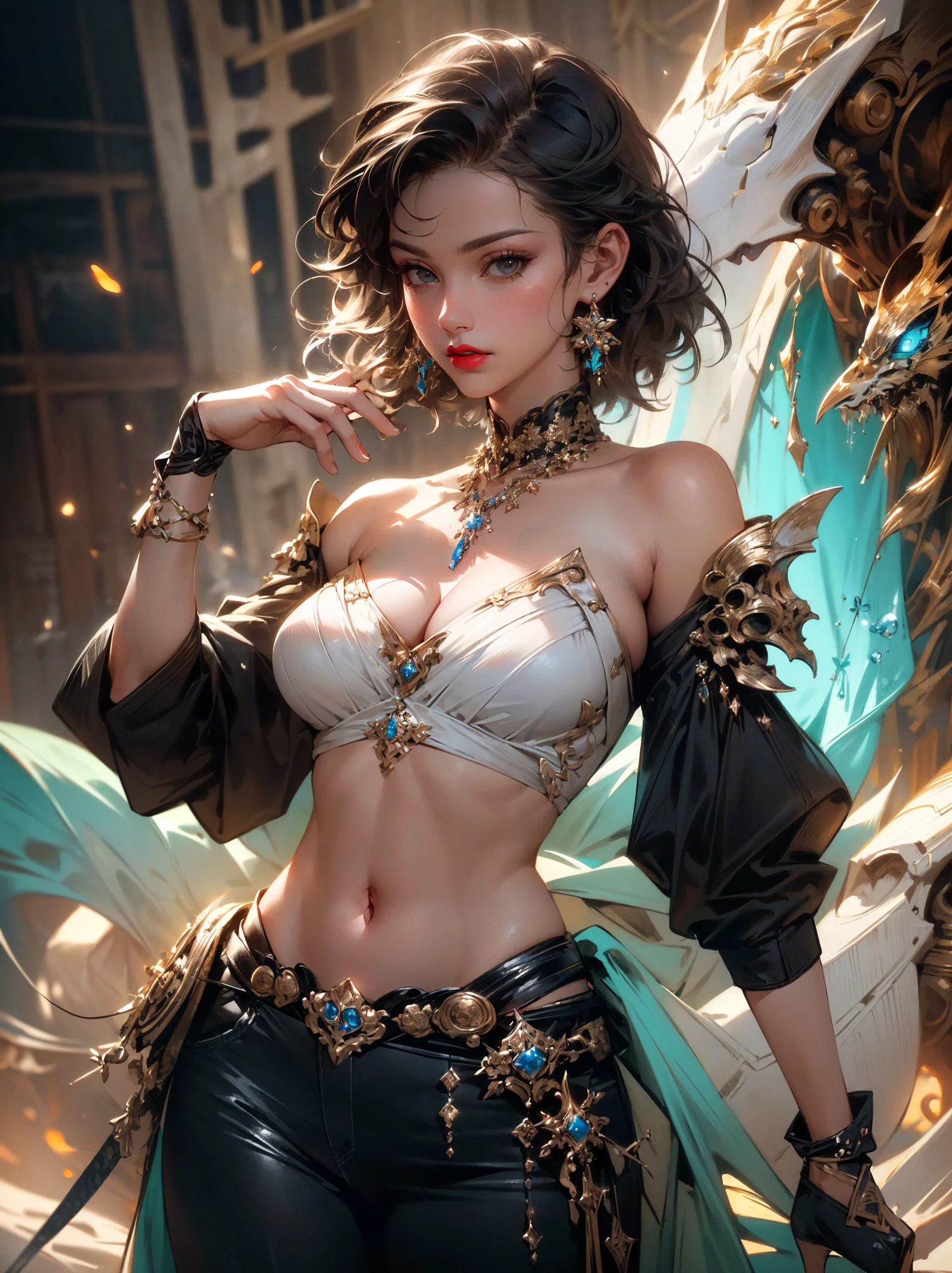 1girl, solo,black eyes,(perfect breasts,smooth midriff,Long legs),dynamic angle,dynamic view,
thin lips,Bright red lipstick,Mechanical arm,
off-shoulder,see-through,open_clothes,cleavage,jewelry, earrings,necklace,
(transparent:1.2),a beautiful futuristic woman,in the style of dark white and light aquamarine,translucent skin,undefined anatomy,eccentric detail placements,alien worlds,intricately sculpted,techpunk,spine,exo-skeleton,colored skin,breasts,depth of field,ultra hd,matte photo,bold yet graceful,intricate embellishments,
(masterpiece, best quality,photorealistic,realistic,photo-realistic:1.4),8k UHD,ultra high res,incredibly absurdres,insanely detailed,ultra detailed,Delicate,
<lora:OrokinTech:0.2> orokintech, smooth, gold, scifi, <lora:cumbersome-block:0.45> <lora:Niji:0.3>, (masterpiece, best quality:1.4),(photorealistic:1.4)(realistic, photo-realistic:1.4),official art, beautiful and aesthetic,8k UHD,ultra high res,RAW,HDR,