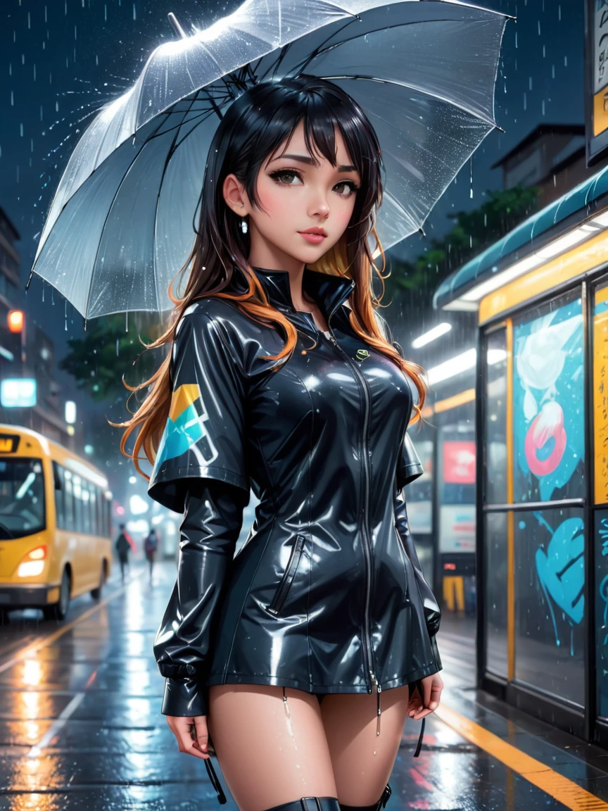 comic girl standing in futuristic clothing on a bus stop holding umbrella in one hand, holding arm up, at night, holding an umbrella because it is raining, creating wet pavements full of reflective detailed puddles, graffiti, the water is dripping droplets like diamonds and precious stones in a mosaic pattern <lora:FF.87.RealitiesEdgeXLANIME_20.lora:1>,close portrait,(manga:1.3),beautiful,attractive,handsome,trending on ArtStation,DeviantArt contest winner,CGSociety,ultrafine,detailed,studio lighting . graphic illustration, comic art, graphic novel art, vibrant, highly detailed