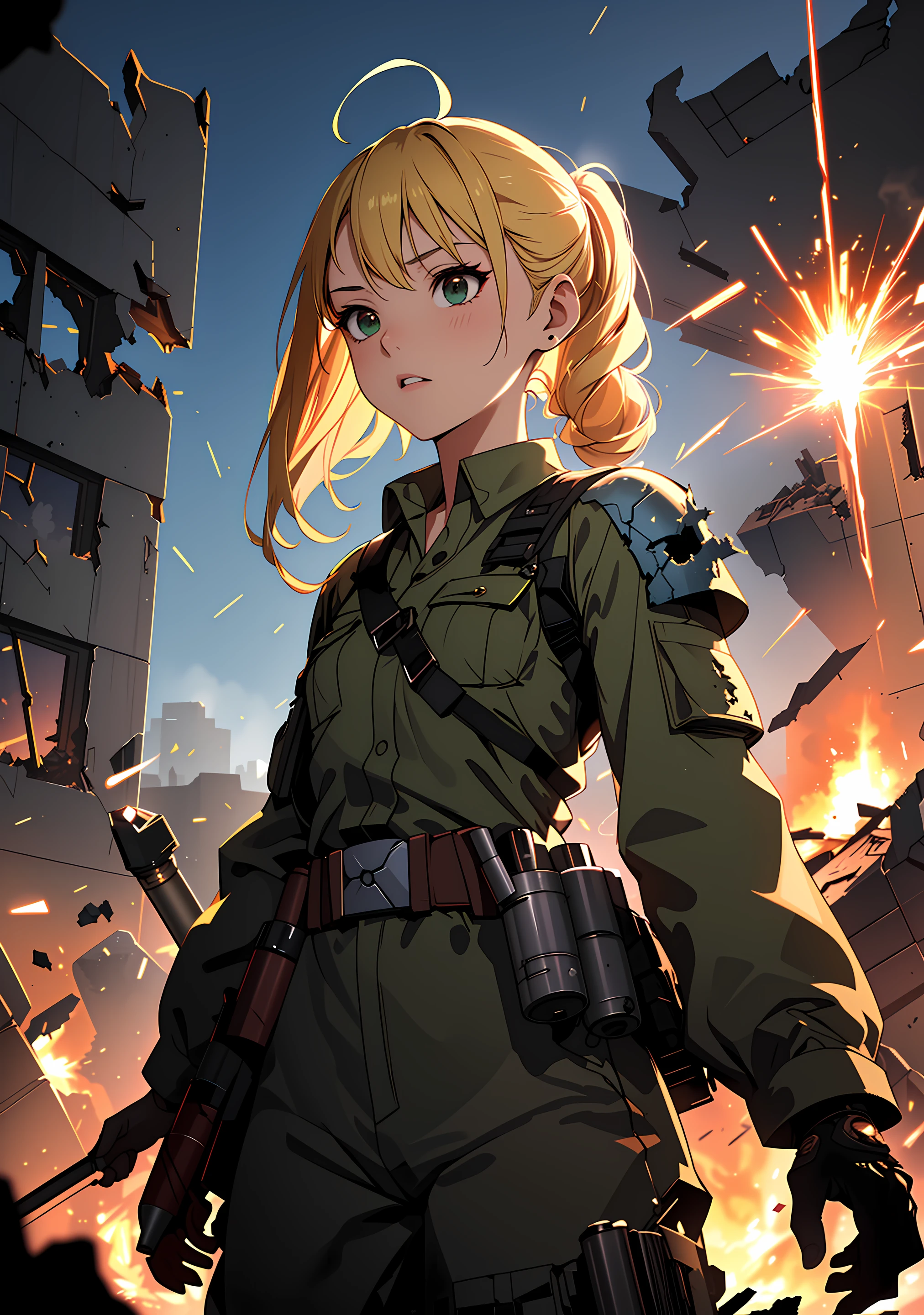 (Fantasy style), (anime), ((extremely detailed 8k illustration)), highres, (extremely detailed and beautiful), ultra detailed painting, professional illustrasion, Ultra-precise depiction, Ultra-detailed depiction, (beautiful and aesthetic:1.2), HDR, (depth of field:1.4), (young girl),(WW2,green military costume,combat uniform,major),beautiful face and eyes,Beautiful hair, floating hair,shoulder length hair,(blonde hair),bobbed hair,pony tail,antenna hair, shiny skin,pretty,small stature,( flat chest), berserker, (â¢:1.3),(smoke:1.2),(combat,wrecked tank:1.4),(in ruins,in town),(outdoor,sky), (sparks:1.3),(wartime:1.2),