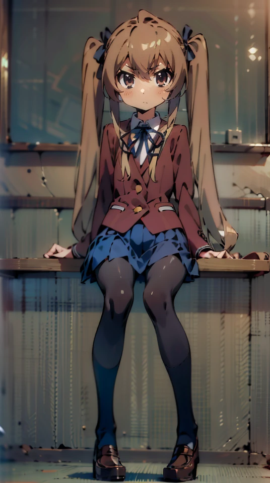 masterpiece,absurdres,best quality,high quality,1girl,aisaka taiga,twintails,blue skirt,school uniform,pleated skirt,black ribbon,pantyhose,red jacket,sitting,looking at viewer,(flat chest:1.1) ),full body,