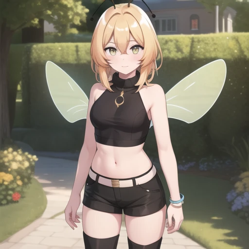 (masterpiece, best quality:1.2),illustration,8k,hd,1girl,solo,cowboy shot,standing,blonde hair,wings,antennae,insect wings,thigh boots,boots,hair between eyes,bangs,sleeveless,brown eyes,black shorts,breasts,black footwear,medium hair,bracelet,black thighhighs,arthropod girl,jewelry,high heels,crop top,yellow eyes,<lora:HoneyBee(Bubble Planet):0.6>,