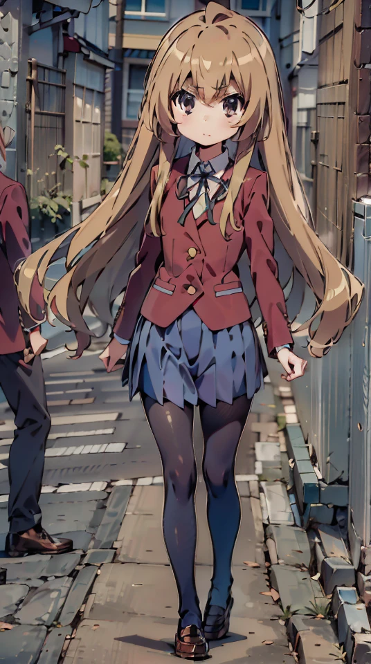 masterpiece,absurdres,best quality,high quality,1girl,aisaka taiga,long hair,school uniform,red jacket,pleated skirt,black ribbon,pantyhose,looking at viewer,(flat chest:1.1) ),full body,street,people,