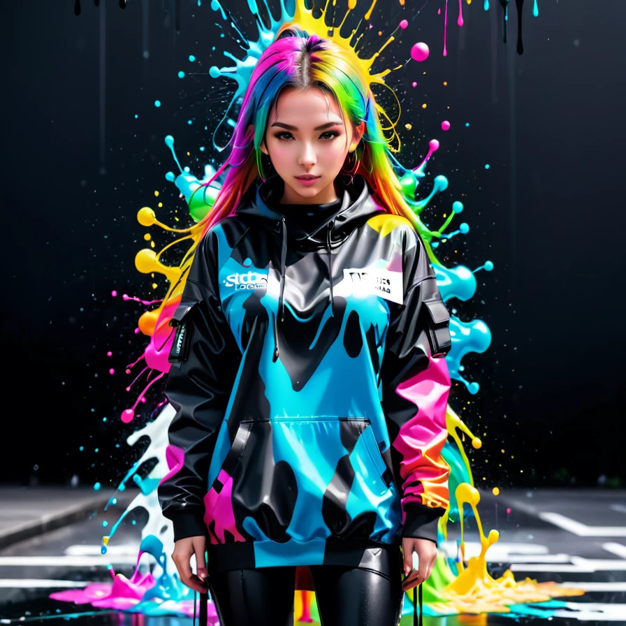 Techwear fashion <lora:FF.87.RealitiesEdgeXLANIME_20.lora:1> brightly a liquid splashing drops, explosion, abstract, viscous solo, humans, no colored philosophical liquids, color, ink paint, on dripping colorful, surface, splash rainbow, colorful color blurry, splash, dispersion, ink, colors, of splashes, paint rainbow splatter, splashes, colorful . Futuristic, cyberpunk, urban, tactical, sleek, dark, highly detailed