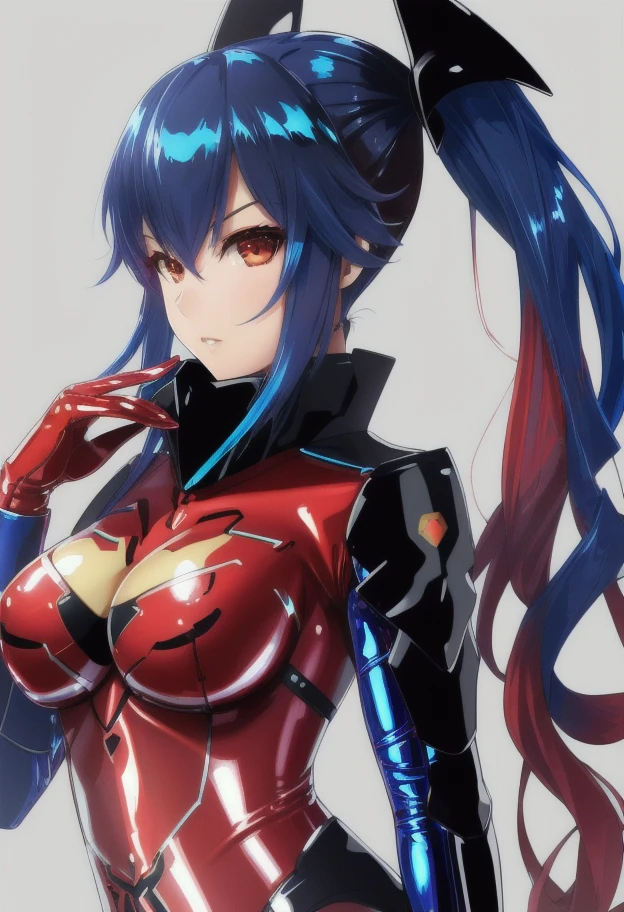 high quality, extremely detailed, perfect face,  <lora:QunaZelsius:.8>, Quna, two-tone blue hair, twintails, ((red latex zelsius suit), black armor), ((extremely glossy))