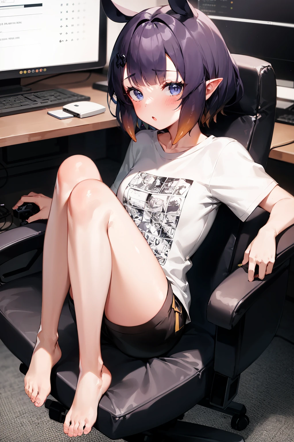 1girl, solo, full body, bedroom, gaming chair, computer monitor, sitting, on chair, inacasual, white t-shirt, short shorts, :o <lora:ninomae ina'nis 5 outfits:1>