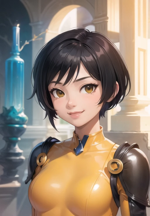 <lora:alex:0.8>, alex, smirk, yellow bodysuit, portrait,, (gorgeous, beautiful, enchanting:1.3), (trending on CGSociety, trending on pixiv, contest winner:1.3)