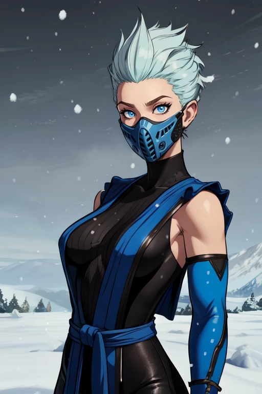 Frost, blue eyes, mouth mask, spiked hair,
fingerless elbow gloves, bodysuit, pelvic curtain , blue attire,
standing, upper body,
dojo, snow, solo,
(insanely detailed, beautiful detailed face, masterpiece, best quality) <lora:xFrost:0.7>