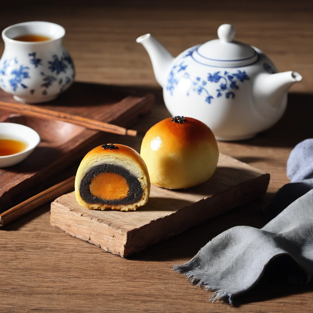 A photorealistic image of a beautifully crafted tea cake elegantly placed on an antique wooden table. The tea cake should look fresh and inviting, perhaps with intricate patterns or designs on its surface. The antique table should have intricate carvings or details that signify its age and value, perhaps made of rich, dark wood. The setting should be cozy and inviting, possibly with vintage or antique elements in the background like old books, a vintage lamp, or fine china. The lighting should be soft and warm, casting gentle shadows that highlight the texture of the tea cake and the intricate details of the antique table. The overall atmosphere should evoke a sense of nostalgia and luxury., <lora:eggcake:0.75>