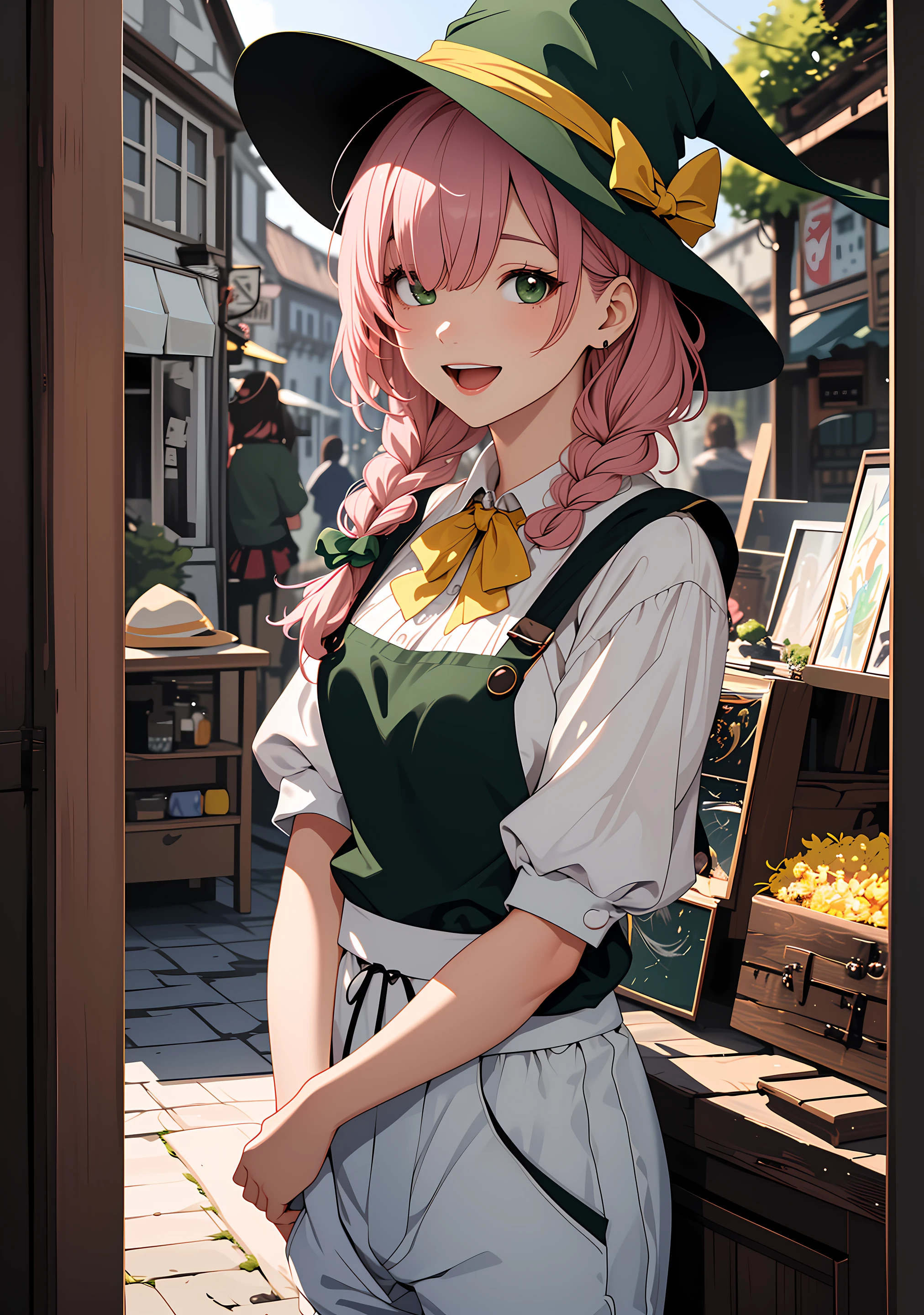 (Fantasy style), (anime), ((extremely detailed 8k illustration)), highres, (extremely detailed and beautiful), ultra detailed painting, professional illustrasion, Ultra-precise depiction, Ultra-detailed depiction, (beautiful and aesthetic:1.2), HDR, (depth of field:1.4), (chibi),girl, pink hair,twin braids, wavy hair, blunt bangs, ((complete hair over eyes:1.2)), green witch hat with bog yelloe ribon, green witch clothes,white apron,white socks,pom-pom pants, smile,open mouth, A castle town with lively stores