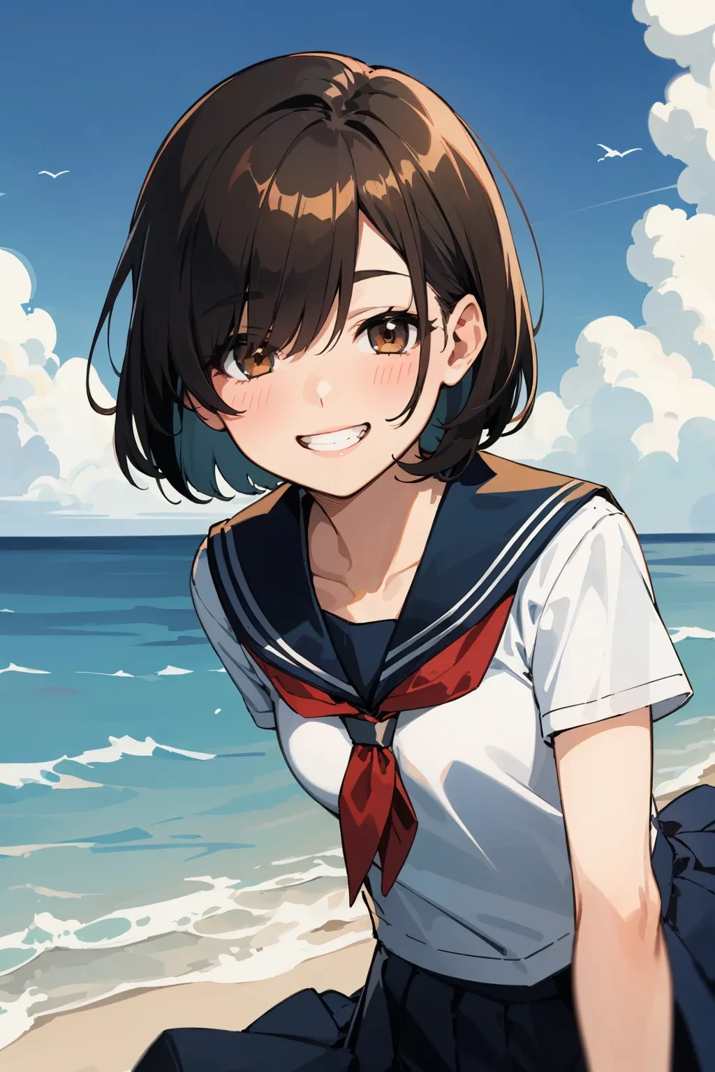 (finely best quality illustration:1.1), photorealistic background, 8K, outdoors, summer, beach, bloom, flowing clouds and blue sky, hulf-underwater, textless version, BREAK solo, 1girl standing on beach, kawaii, perfect anatomy, portrait, upper body, brown hair, inverted bob, hair over one eye, half-closed brown eyes, looking at viewer, leaning_forward, giggling, grin, small breasts, serafuku, school uniform, blue pleated skirt,
