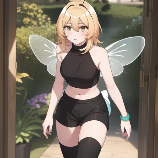(masterpiece, best quality:1.2),illustration,8k,hd,1girl,solo,cowboy shot,standing,blonde hair,wings,antennae,insect wings,thigh boots,boots,hair between eyes,bangs,sleeveless,brown eyes,black shorts,breasts,black footwear,medium hair,bracelet,black thighhighs,arthropod girl,jewelry,high heels,crop top,yellow eyes,<lora:HoneyBee(Bubble Planet)-light:0.6>,
