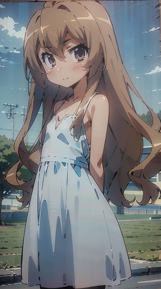 masterpiece,absurdres,best quality,high quality,1girl,aisaka taiga,long hair,white dress,pantyhose,standing,looking at viewer,(flat chest:1.1) ),portrait,outdoors,