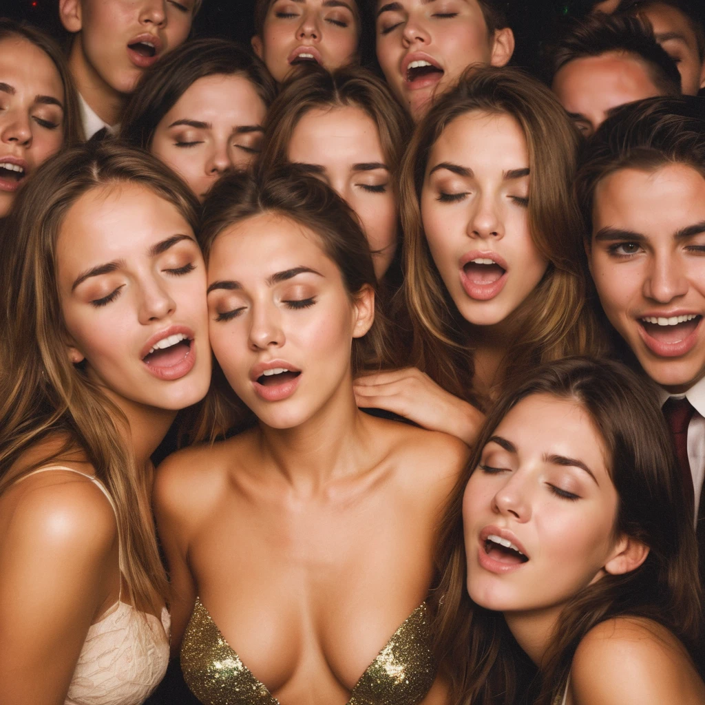 an amateur photo of an office ((Christmas party)), naked college girls with orgasmface, eyes closed, crowded background, low res, flash photography, grainy, color photo, (sepia:0.5), (polaroid:0.3), beautiful face, detailed eyes, award winning scene <lora:orgasmface_SDXL:0.4>