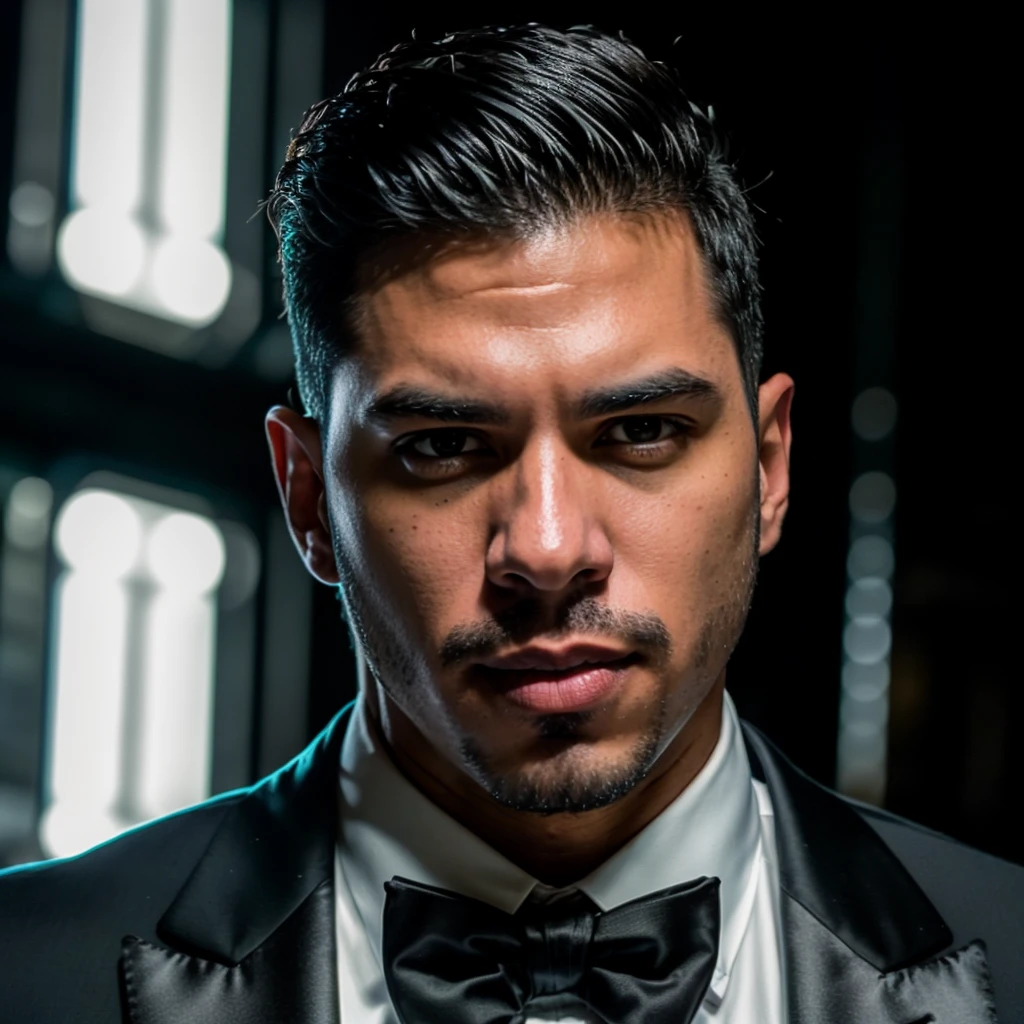 face portrait of fernandovaldez person using a tuxedo, in blade runner, professional photography, high resolution, 4k, detailed photo, <lora:fernandovaldez_36000:1>