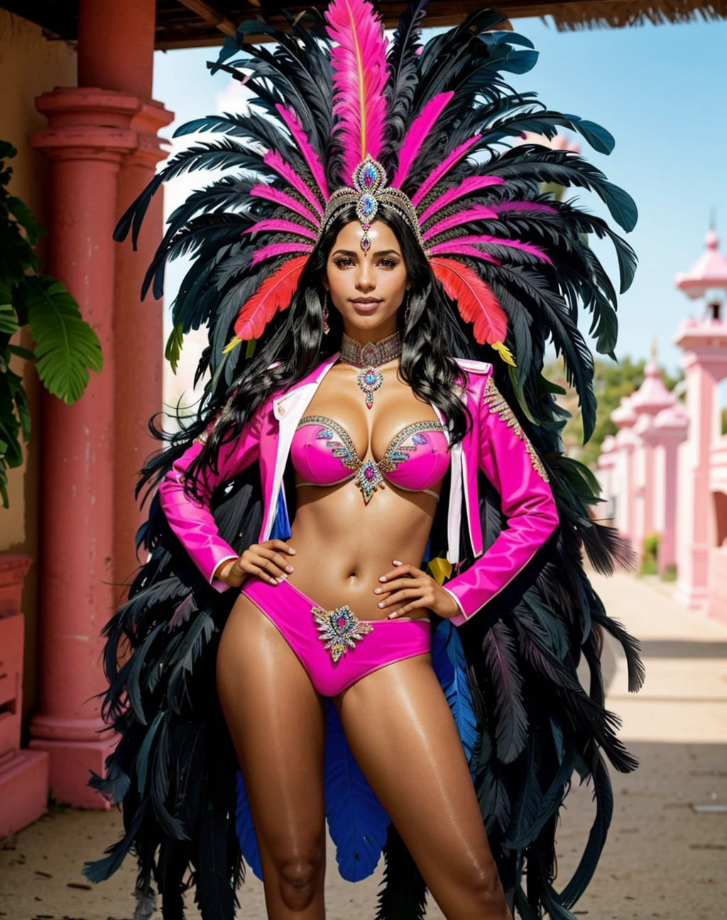 ((Masterpiece, best quality,edgQuality)), standing,posing for a picture,smiling,excited,
beautiful edgBr_woman,edgBr_face,edgBr_body, (tanned,dark hair),crown of feathers
<lora:edgBrazilian_Doll_Likeness:1>
edgCarnival, long hair, black hair, medium breasts, standing, high heels, dark-skinned female, hands on hips, colorful,wearing edgCarnival ((pink costume)) <lora:edgCarnival:1>