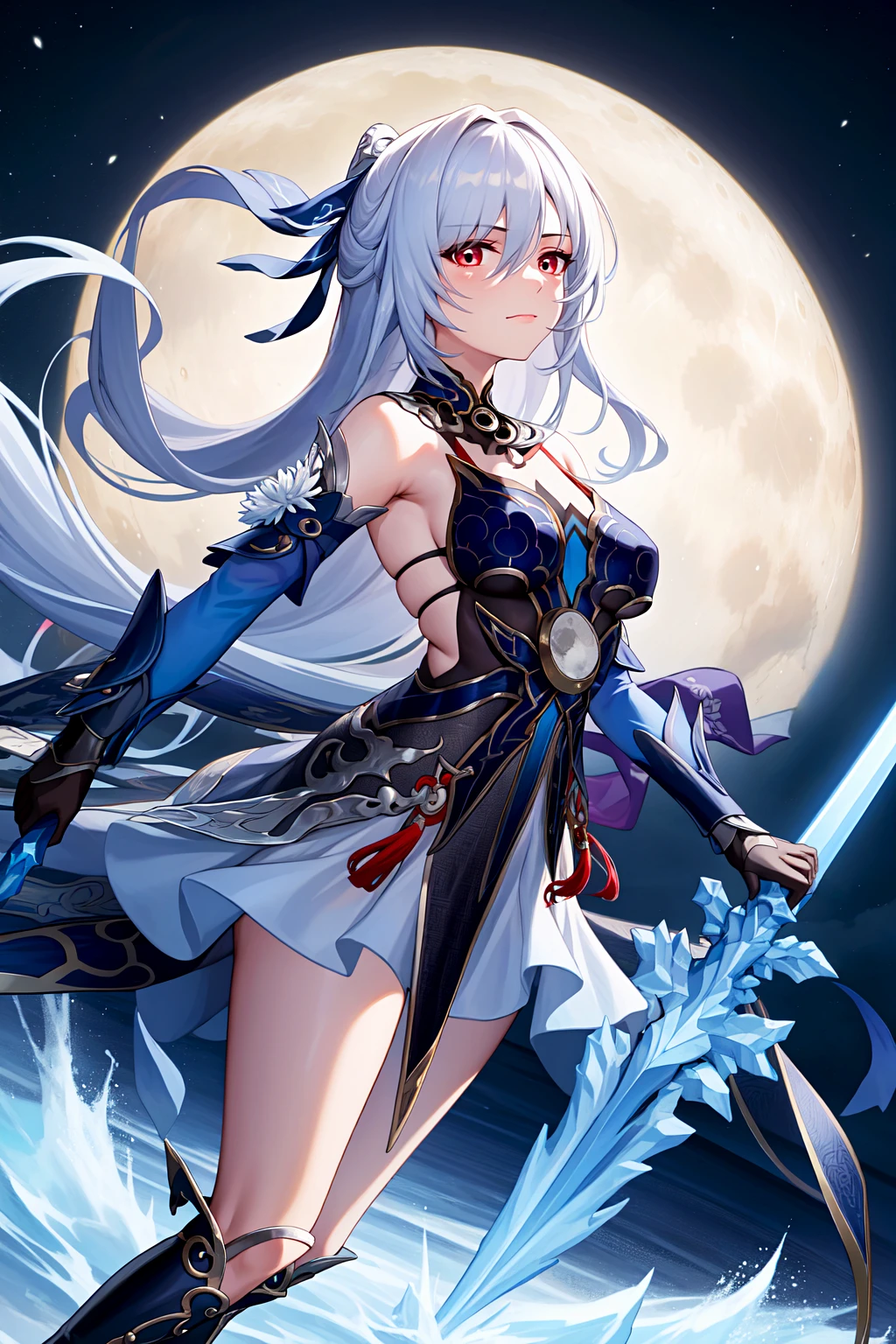 masterpiece, best quality, JingliuV5, 1girl, solo, looking at viewer, red eyes, gloves, dress, holding, bare shoulders, closed mouth, weapon, boots, sky, black gloves, sword, holding weapon, night, holding sword, moon, night sky, full moon, <lora:JingliuV5-10:1>