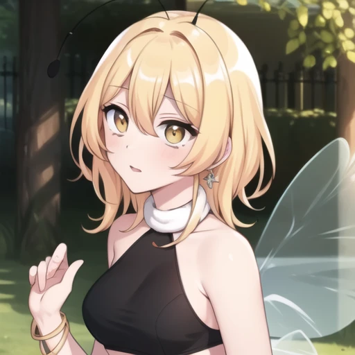 (masterpiece, best quality:1.2),illustration,8k,hd,1girl,solo,upper body,(portrait:1.2),standing,blonde hair,wings,antennae,insect wings,thigh boots,boots,hair between eyes,bangs,sleeveless,brown eyes,black shorts,breasts,black footwear,medium hair,bracelet,black thighhighs,arthropod girl,jewelry,high heels,crop top,yellow eyes,<lora:HoneyBee(Bubble Planet):0.6>,