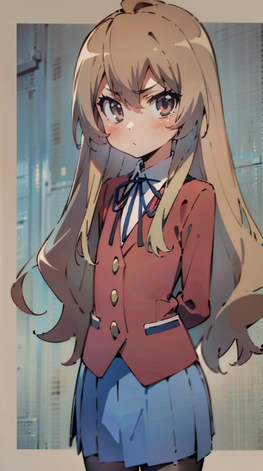 masterpiece,absurdres,best quality,high quality,1girl,aisaka taiga,long hair,blue skirt,school uniform,pleated skirt,black ribbon,pantyhose,red jacket,standing,looking at viewer,(flat chest:1.1) ),portrait,