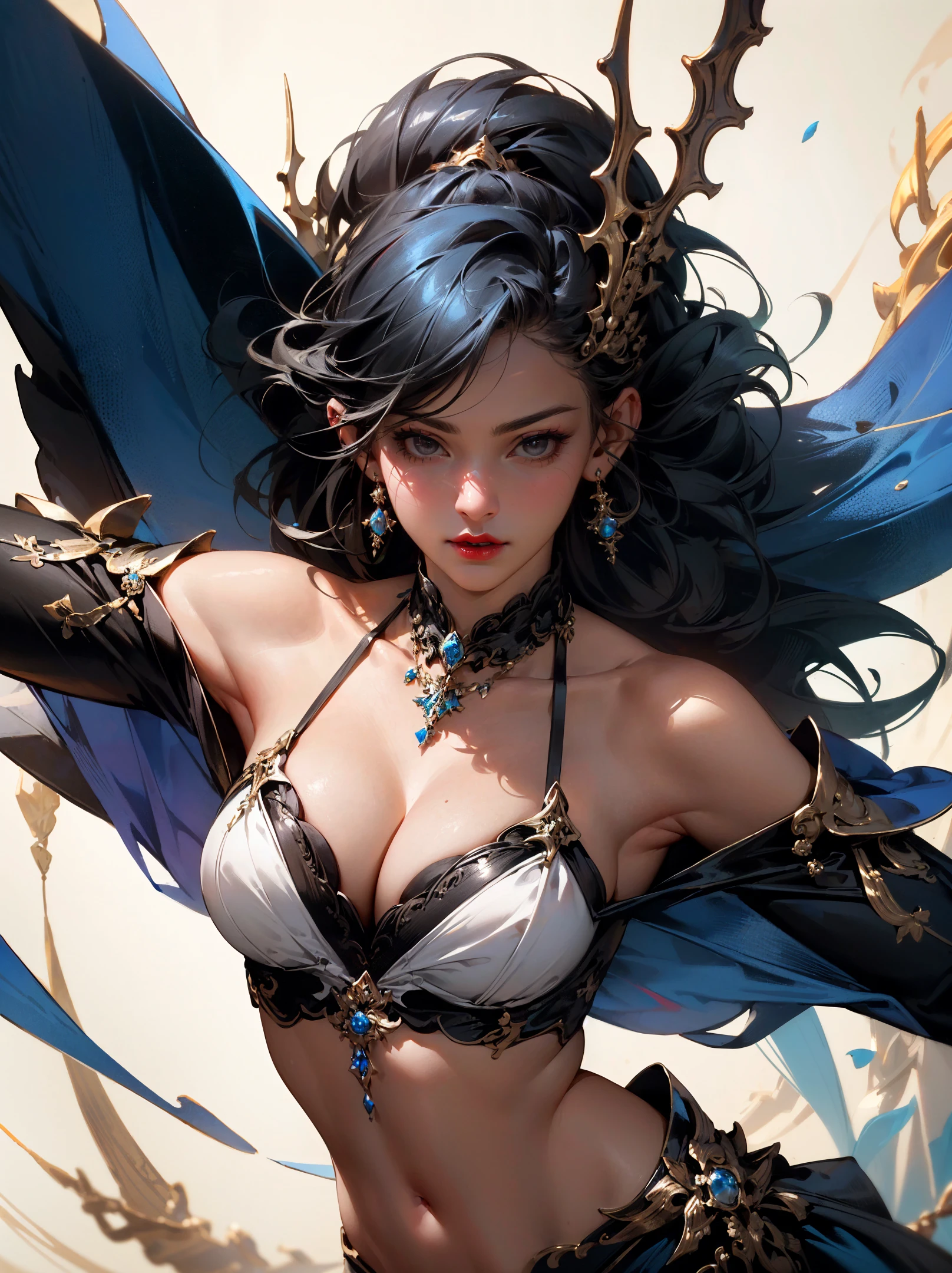 deep blue background,deep blue clothing,
1girl, solo,black eyes,(perfect breasts,smooth midriff,Long legs),dynamic angle,dynamic view,
thin lips,Bright red lipstick,Mechanical arm,
off-shoulder,see-through,open_clothes,cleavage,jewelry, earrings,necklace,
(transparent:1.2),a beautiful futuristic woman,in the style of dark white and light aquamarine,translucent skin,undefined anatomy,eccentric detail placements,alien worlds,intricately sculpted,techpunk,spine,exo-skeleton,colored skin,breasts,depth of field,ultra hd,matte photo,bold yet graceful,intricate embellishments,
(masterpiece, best quality,photorealistic,realistic,photo-realistic:1.4),8k UHD,ultra high res,incredibly absurdres,insanely detailed,ultra detailed,Delicate,
<lora:OrokinTech:0.1> orokintech, smooth, gold, scifi, <lora:cumbersome-block:0.25> <lora:Niji:0.4>, (masterpiece, best quality:1.4),(photorealistic:1.4)(realistic, photo-realistic:1.4),official art, beautiful and aesthetic,8k UHD,ultra high res,RAW,HDR,