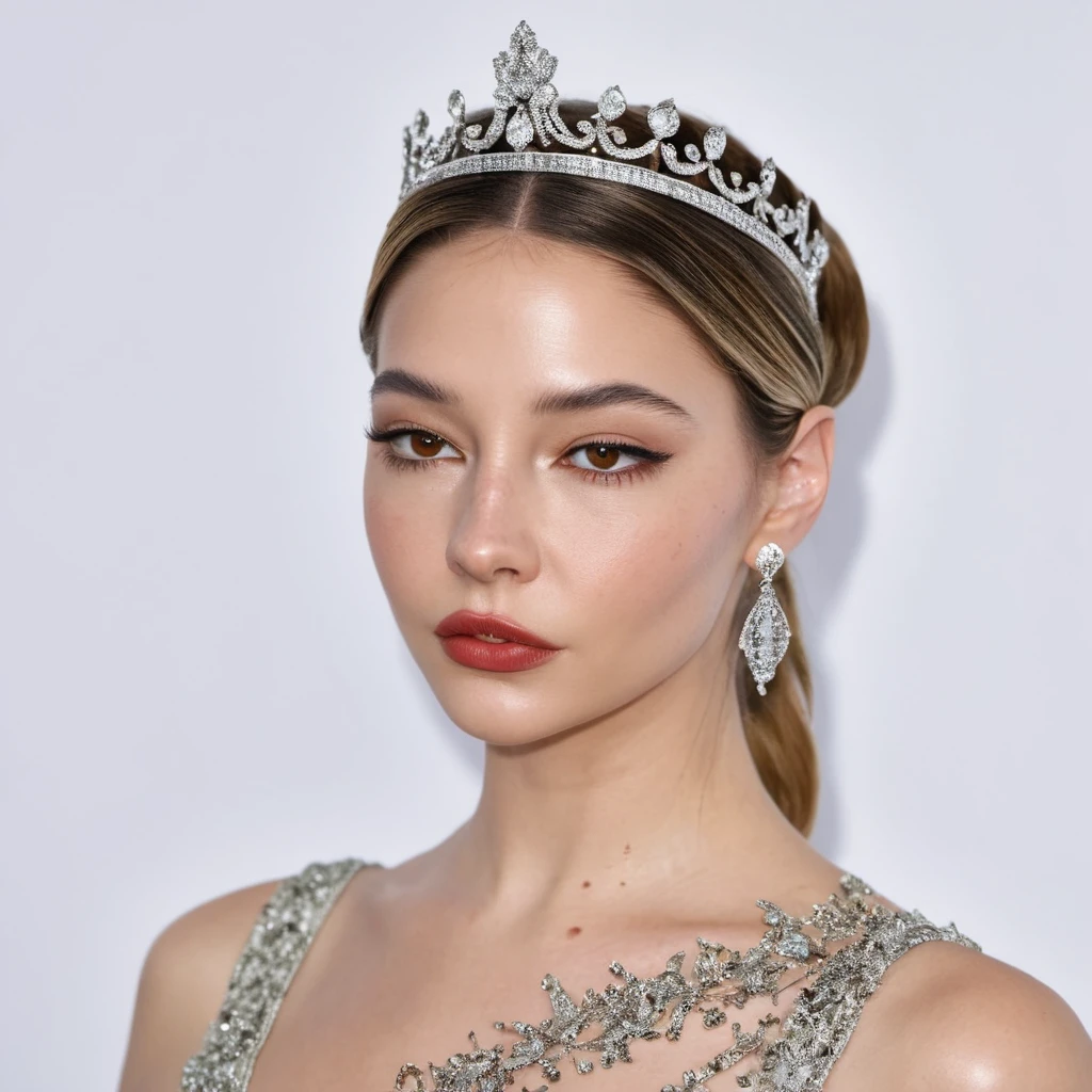 Portrait photo of an actress dressed as a medieval queen with a delicate tiara on her head, Nikon Z9, realistic matte skin, skin texture visible, (sharp focus), (high quality)