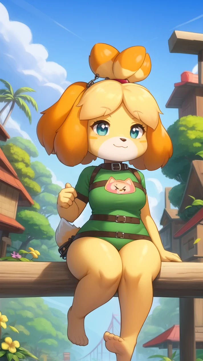 isabelle \(animal crossing\), furry, yellow skin, bottomless, tail, looking at viewer, (((gigantic breasts))), sexy, forest, ((Open Legs)), ((Pussy)), ((Female Masturbation))