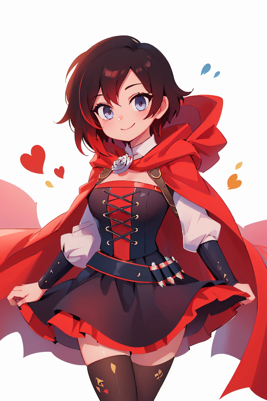 (masterpiece, best quality:1.2), solo, 1girl, mistralrose, smile, looking at viewer, dress, corset, red cape, thighhighs <lora:rwby_rose_mistral:1>