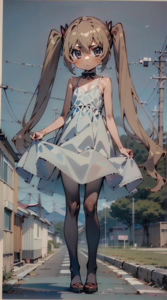 masterpiece,absurdres,best quality,high quality,1girl,aisaka taiga,twintails,white dress,pantyhose,looking at viewer,(flat chest:1.1) ),full body,outdoors,on tiptoes