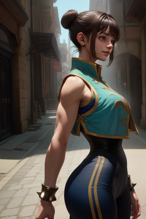 lifen, single hair bun, brown hair, brown eyes,
blue tights, blue vest, spike bangles, toned,
solo, streets, arena, from side,
standing, upper body, smile, cowboy shot,
(insanely detailed, beautiful detailed face,, masterpiece, best quality) cinematic lighting, <lora:lifen:0.7>