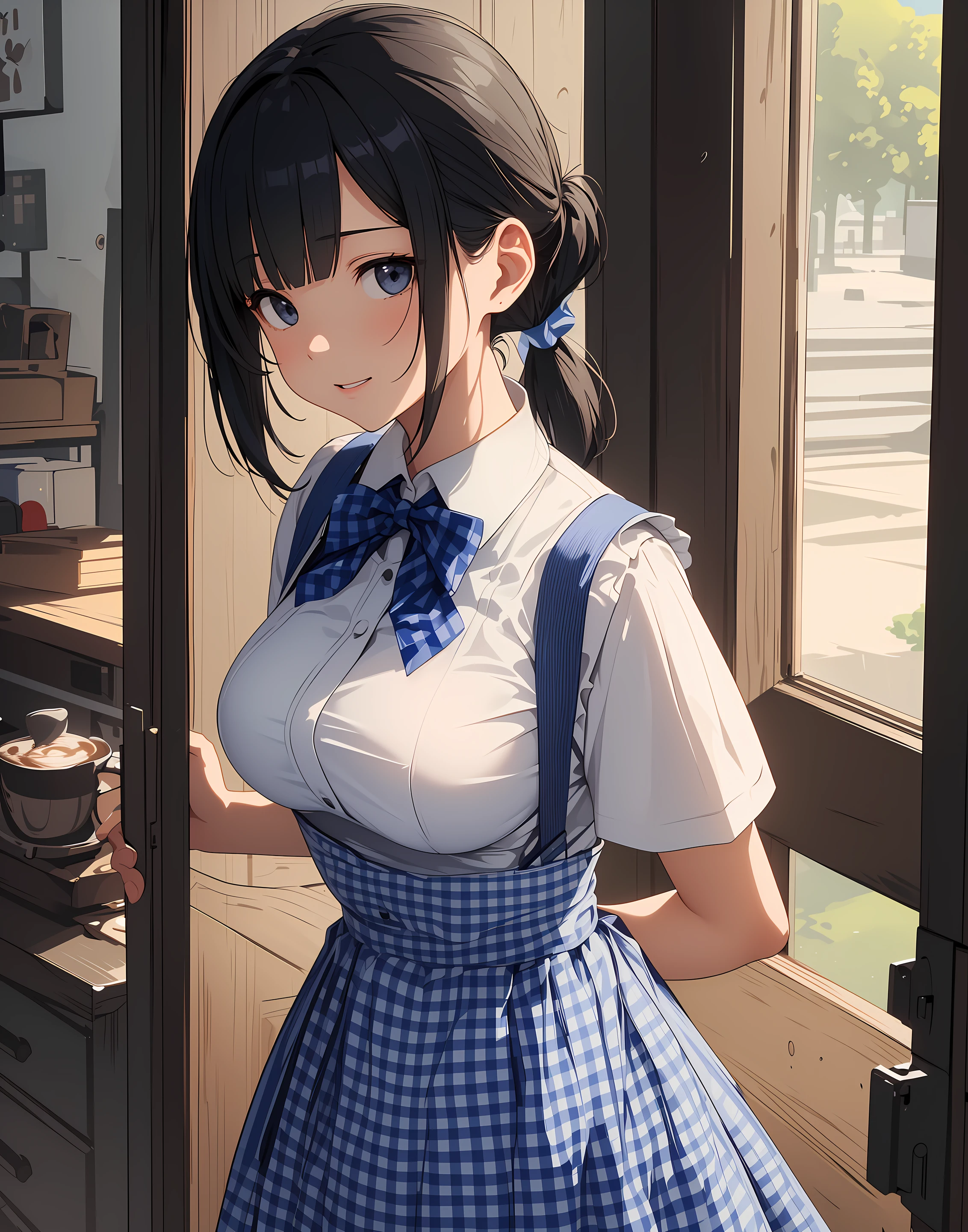 (anime), ((extremely detailed 8k illustration)), highres, (extremely detailed and beautiful), ultra detailed painting, professional illustrasion, Ultra-precise depiction, Ultra-detailed depiction, (beautiful and aesthetic:1.2), HDR, (depth of field:1.4), professional illustrasion, 
A coffee shop in the cooler fall weather., 
Today, too, I enter the store in search of my morning cup of coffee., 
A girl in a uniform welcomes me again today., 
(girl), (*******), (highly detailed beautiful face and eyes,big breasts firm breasts), oily skin, ((black hair,black eyes,short bob with short pony tail hair)), thin pubic hair, cute, lovely, ************, (kobeya uniform:1.3), (gingham-check suspender-apron:1.3), (solid-blue high-waist skirt:1.3), (apron over skirt:1.2), (white blouse:1.3), (double-breasted,underbust:1.2), short sleeves, button gap, (solid-blue bow-tie:1.2), smile, looking at viewer,