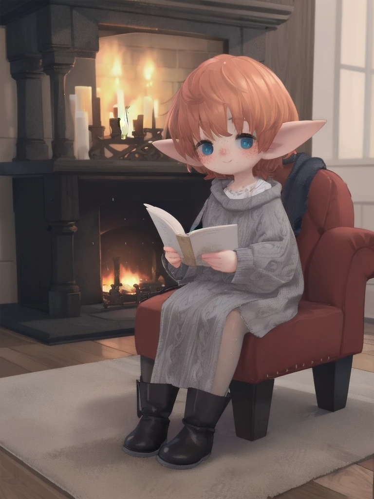 (masterpiece:1.2), (best quality:1.2), 1girl, solo, looking at viewer, smile, blush, BREAK
<lora:popoka:0.9> popoka,  <lora:MofufuV6:0.7> (Mofufu), (Lalafell), freckles, orange hair, (blue eyes), BREAK
cable knit sweater, rain boots, reading corner, plush armchair, thick knit blanket, candles, fireplace with roaring fire, white pantyhose, BREAK