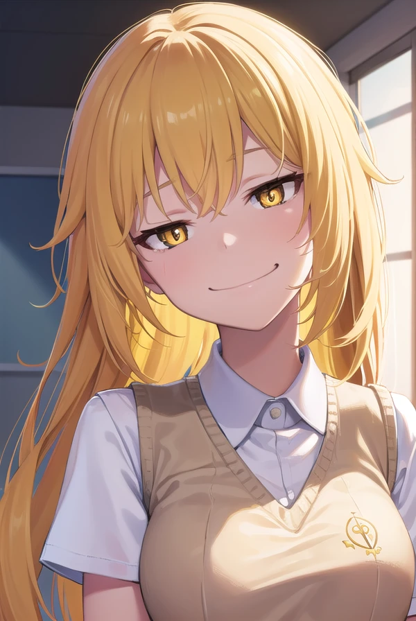 misakishokuhou, <lora:misakishokuhou-lora-nochekaiser:1>,
misaki shokuhou, blonde hair, hair between eyes, long hair, (symbol-shaped pupils:1.5), (yellow eyes:1.5), (medium breasts:1.2), <lora:smirkingeye_v100:1>, <lora:smirkingmouth_v100:1>, smile,
BREAK elbow gloves, gloves, school uniform, short sleeves, summer uniform, sweater vest, tokiwadai school uniform, white gloves, (light brown sweater vest:1.2),
BREAK looking at viewer, upper body,
BREAK indoors, classroom,
BREAK <lora:GoodHands-vanilla:1>, (masterpiece:1.2), best quality, high resolution, unity 8k wallpaper, (illustration:0.8), (beautiful detailed eyes:1.6), extremely detailed face, perfect lighting, extremely detailed CG, (perfect hands, perfect anatomy),